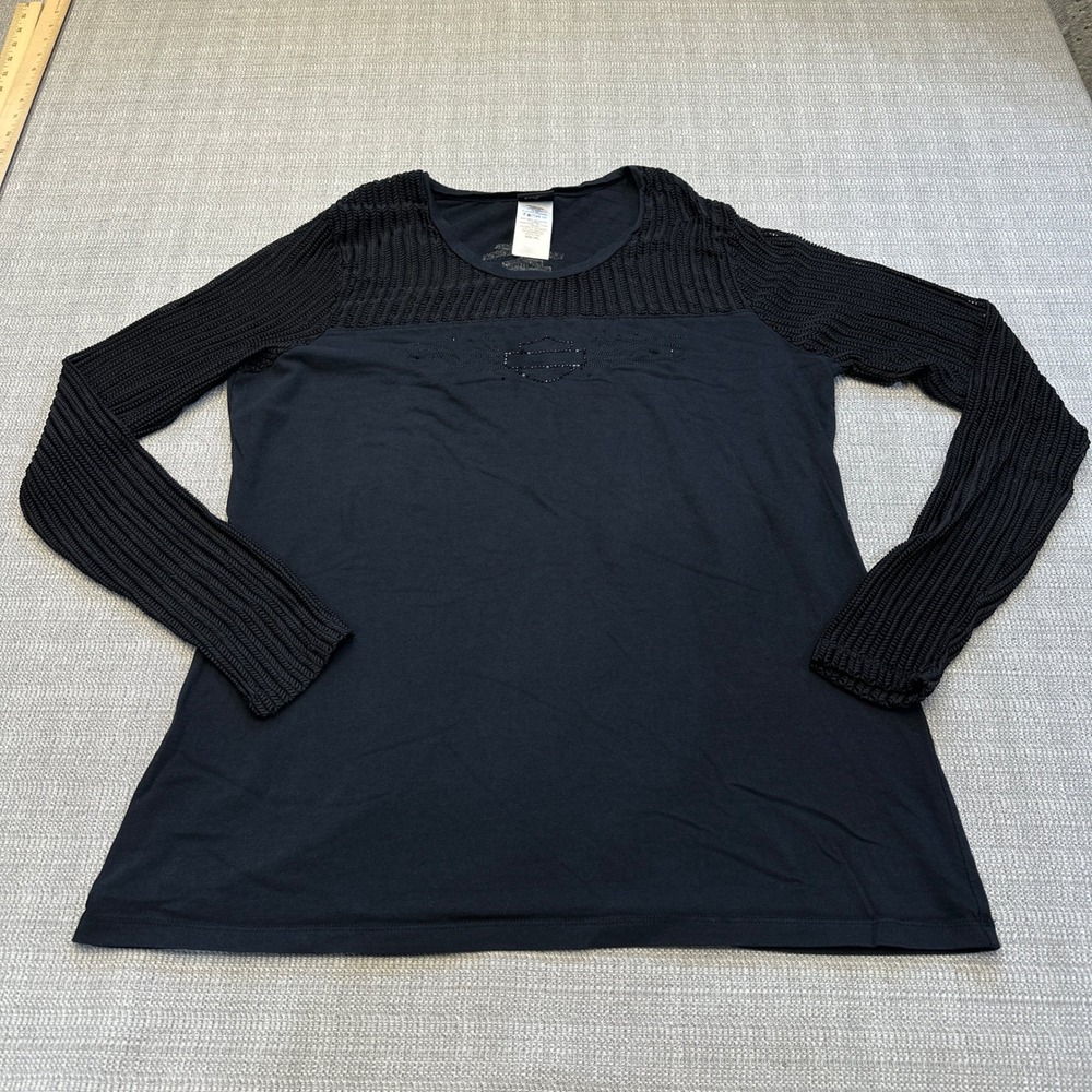 Harley Davidson Shirt Womens XXL Black Embellished Ribbed Long Sleeve Pullover